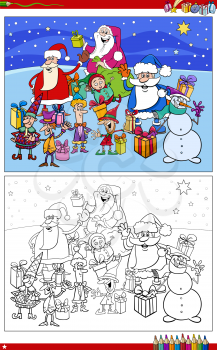 Cartoon illustration of Santa Claus and Christmas characters group coloring book page