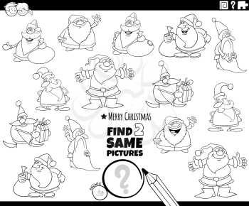 Black and white cartoon illustration of finding two same pictures educational game with Santa Claus Christmas characters coloring book page