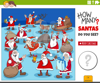 Illustration of educational counting game for children with cartoon Santa Claus characters group on Christmas time