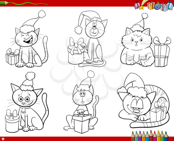 Black and white cartoon illustration of cats animal characters on Christmas Time set coloring book page
