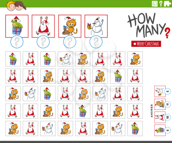 Illustration of educational counting game for children with cartoon Christmas characters