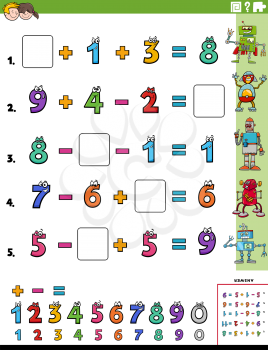Cartoon illustration of educational mathematical calculation task worksheet for elementary school children