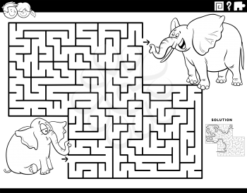 Black and white cartoon illustration of educational maze puzzle game for children with baby elephant and mom coloring book page