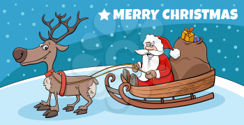 Greeting card cartoon illustration of Santa Claus character on a sleigh with reindeer on Christmas time