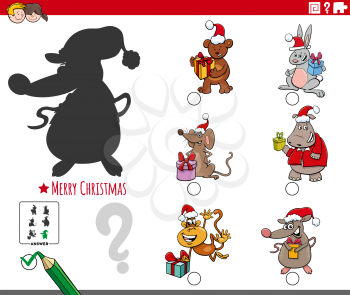 Cartoon illustration of finding the right picture to the shadow educational task for children with animals characters on Christmas time