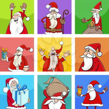 Cartoon illustration of Christmas design or greeting cards with Santa Claus characters set