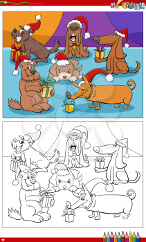 Cartoon illustration of dog characters with Christmas presents coloring book page