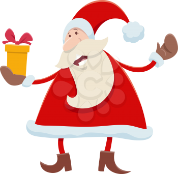 Cartoon illustration of funny Santa Claus character with present on Christmas time