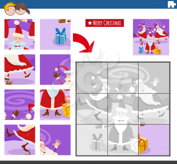 Cartoon illustration of educational jigsaw puzzle game for children with happy Santa Claus characters on Christmas time