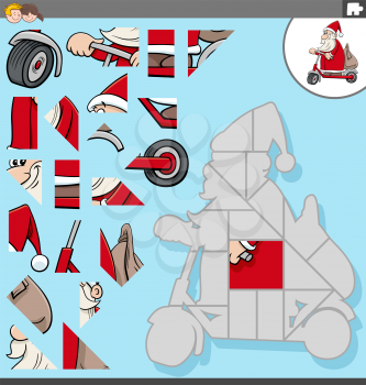 Cartoon illustration of educational jigsaw puzzle game for children with Santa Claus character on a scooter on Christmas time