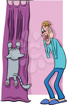 Cartoon illustration of cat hanging on curtain and his terrified owner