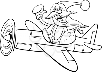 Black and white cartoon illustration of Santa Claus character in the plane with sack of presents on Christmas time coloring book page