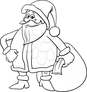 Black and white cartoon illustration of funny Santa Claus character with sack of Christmas presents coloring book page
