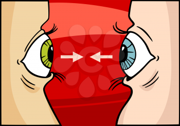 Royalty Free Clipart Image of a Cartoon of Two People Seeing Eye To Eye