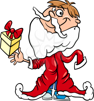 Royalty Free Clipart Image of a Boy in a Santa Suit Holding a Gift
