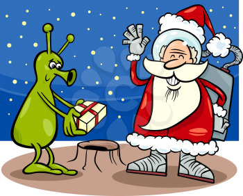 Cartoon Illustration of Santa Claus in Space giving Christmas Present to Funny Alien