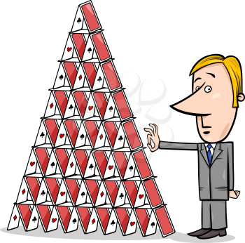 Concept Cartoon Illustration of Man or Businessman going to Destroy a House of Cards