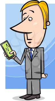 Concept Cartoon Illustration of Man or Businessman looking at Graph on his Phone or Tablet