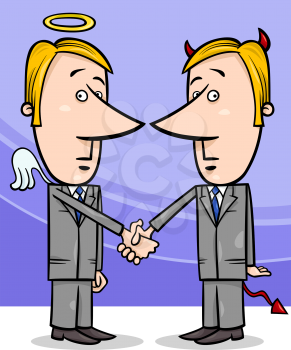 Concept Cartoon Illustration of Angel and Devil Businessmen or Politicians Shaking Hands