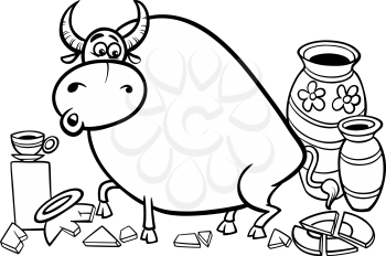 Black and White Cartoon Concept Illustration of Bull In A China Shop Saying for Coloring Book