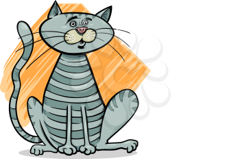 Cartoon Drawing Illustration of Sitting Gray Tabby Cat