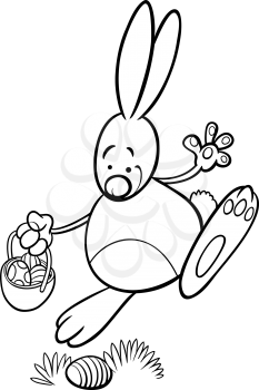 Black and White Cartoon Illustration of Funny Easter Bunny with Basket Looking for Paschal Eggs for Coloring Book