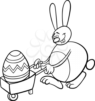 Black and White Cartoon Illustration of Funny Easter Bunny with Big Egg on Wheelbarrow for Coloring Book