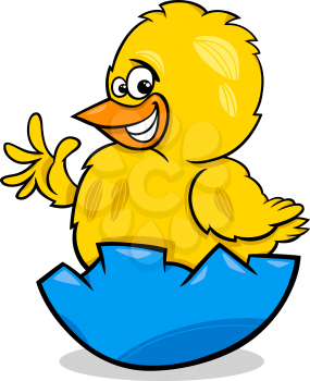 Cartoon Illustration of Funny Chicken or Chick which was Hatched from an Easter Egg