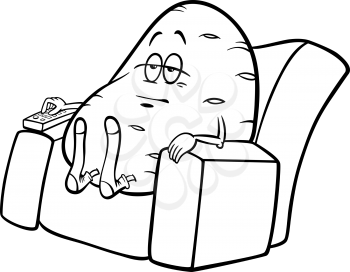 Black and White Cartoon Humor Concept Illustration of Couch Potato Saying or Proverb for Coloring Book