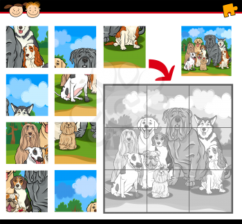 Cartoon Illustration of Education Jigsaw Puzzle Game for Preschool Children with Funny Purebred Dogs Group Animals