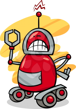 Cartoon Illustration of Angry Robot on Wheels