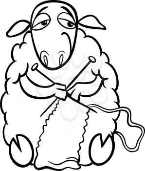 Black and White Cartoon Illustration of Funny Sheep Farm Animal Knitting for Coloring Book