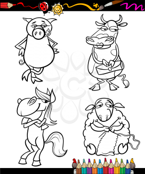 Coloring Book or Page Cartoon Illustration Set of Black and White Farm Animals Characters for Children