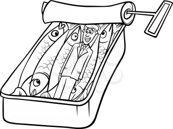 Black and White Cartoon Humor Concept Illustration of Packed Like Sardines Saying or Proverb for Coloring Book