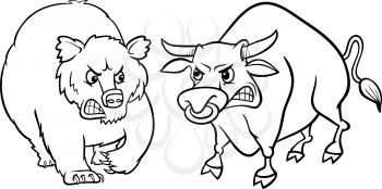 Black and White Concept Cartoon Illustration of Bear Market and Bull Market Stock Trends