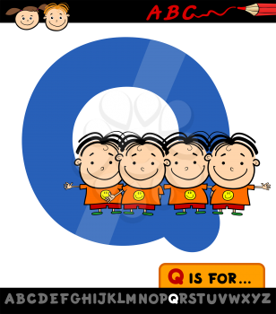 Cartoon Illustration of Capital Letter Q from Alphabet with Quadruplets for Children Education