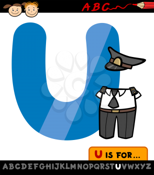 Cartoon Illustration of Capital Letter U from Alphabet with Uniform Sign for Children Education