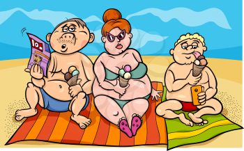 Cartoon Humor Illustration of a Family Eating on the Beach