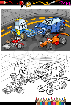 Coloring Book or Page Cartoon Illustration of Funny Cars and Vehicles Comic Characters for Children
