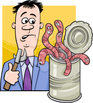 Cartoon Humor Concept Illustration of Open Can of Worms Saying or Proverb