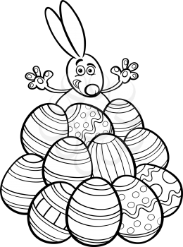 Black and White Cartoon Illustration of Cute Easter Bunny in Paschal Eggs Heap for Coloring Book