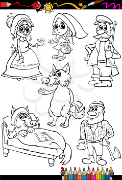 Coloring Book or Page Cartoon Illustration Set of Black and White  Little Red Riding Hood Fairy Tale Characters for Children