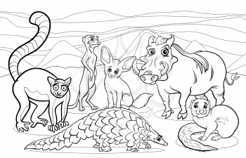 Black and White Cartoon Illustrations of Funny African Mammals Animals Mascot Characters Group for Coloring Book