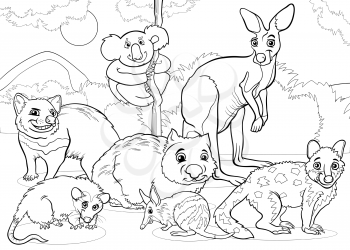 Black and White Cartoon Illustrations of Funny Marsupials Mammals Animals Mascot Characters Group for Coloring Book