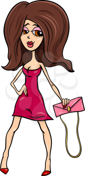 Cartoon Illustration of Gorgeous Beautiful Sexy Woman in Red Mini Dress