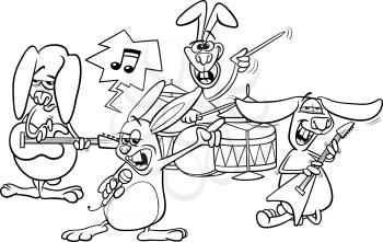 Coloring Book or Page Cartoon Illustration of Black and White Funny Rabbits Band Playing Rock Music Concert