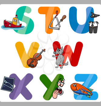 Cartoon Illustration of Funny Capital Letters Alphabet with Objects for Language and Vocabulary Education for Children from S to Z
