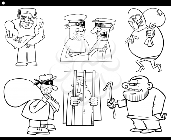 Black and White Cartoon Illustration Set of Thieves and Ruffians or Thugs Bad Guys Characters for Coloring Book