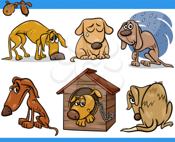 Cartoon Illustration of Poor Sad Homeless Stray Dogs Set