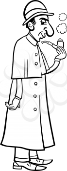 Black and White Cartoon Illustration of Retro Detective Smoking a Pipe and Thinking for Coloring Book